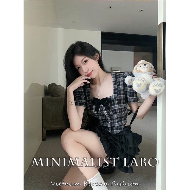 Minimalist Labo Set Áo Sơ Mi Ngắn Tay Cổ Vuông Kèm Chân Váy Xếp Tầng Phong Cách Retro