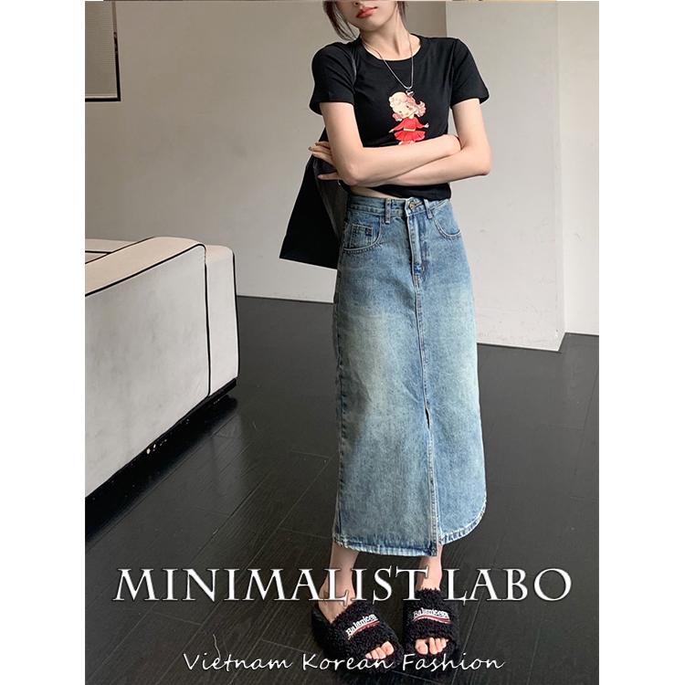 Minimalist Labo Chân Váy Jean Chữ a Lưng Cao Xẻ Tà Thời Trang Nữ