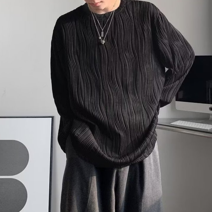 Áo Thun Dài Tay Dáng Rộng Xếp Ly Tròn Thời Trang Mùa Thu Cho Nam