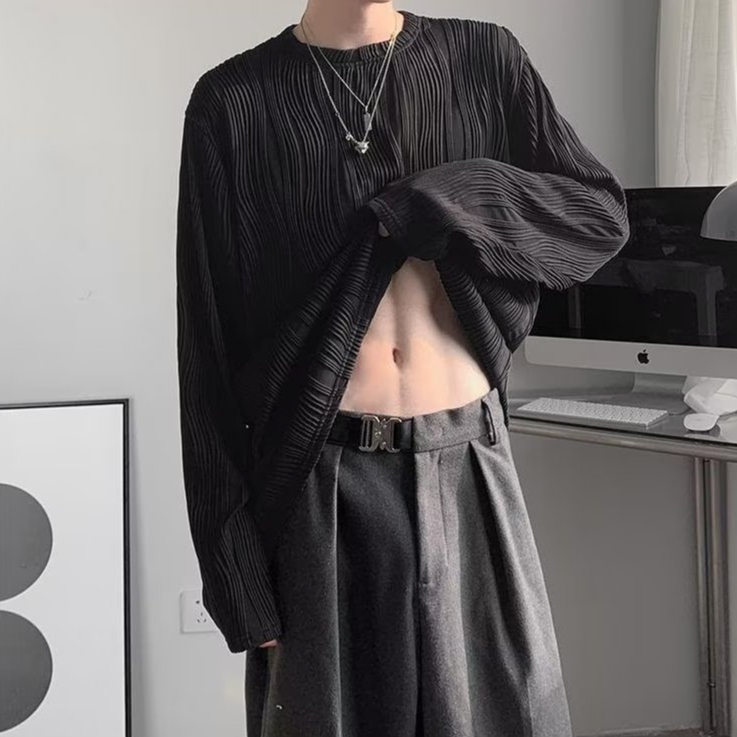 Áo Thun Dài Tay Dáng Rộng Xếp Ly Tròn Thời Trang Mùa Thu Cho Nam