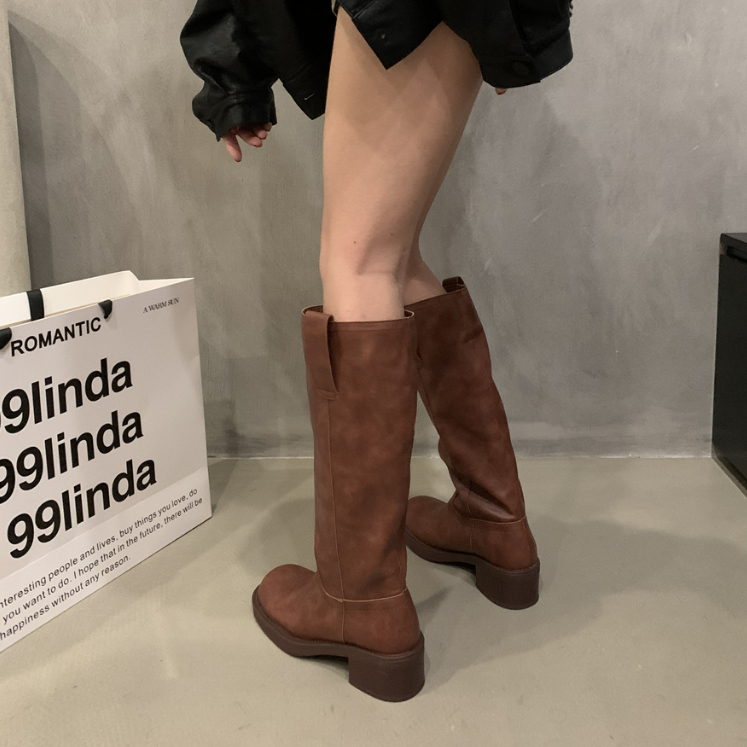 Giày Bốt Cao Gót Mũi Tròn Bằng Da Mềm Thời Trang Cho Nữ