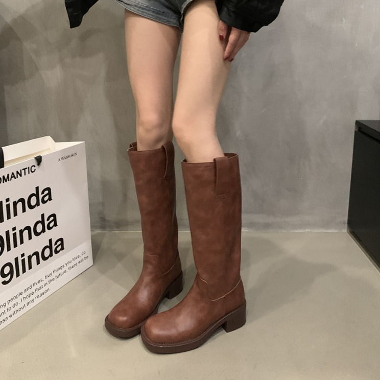 Giày Bốt Cao Gót Mũi Tròn Bằng Da Mềm Thời Trang Cho Nữ