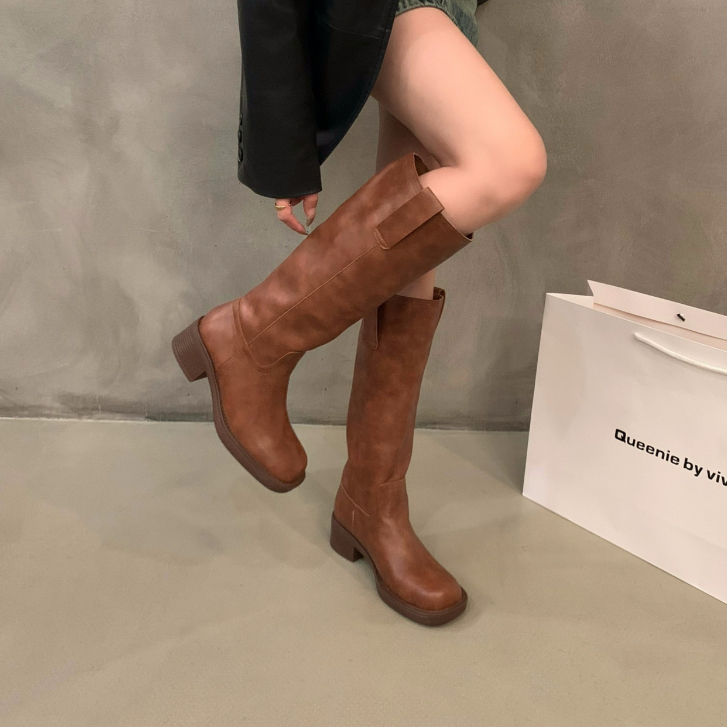 Giày Bốt Cao Gót Mũi Tròn Bằng Da Mềm Thời Trang Cho Nữ