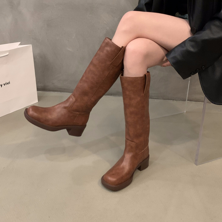 Giày Bốt Cao Gót Mũi Tròn Bằng Da Mềm Thời Trang Cho Nữ