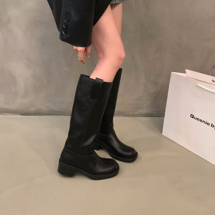 Giày Bốt Cao Gót Mũi Tròn Bằng Da Mềm Thời Trang Cho Nữ