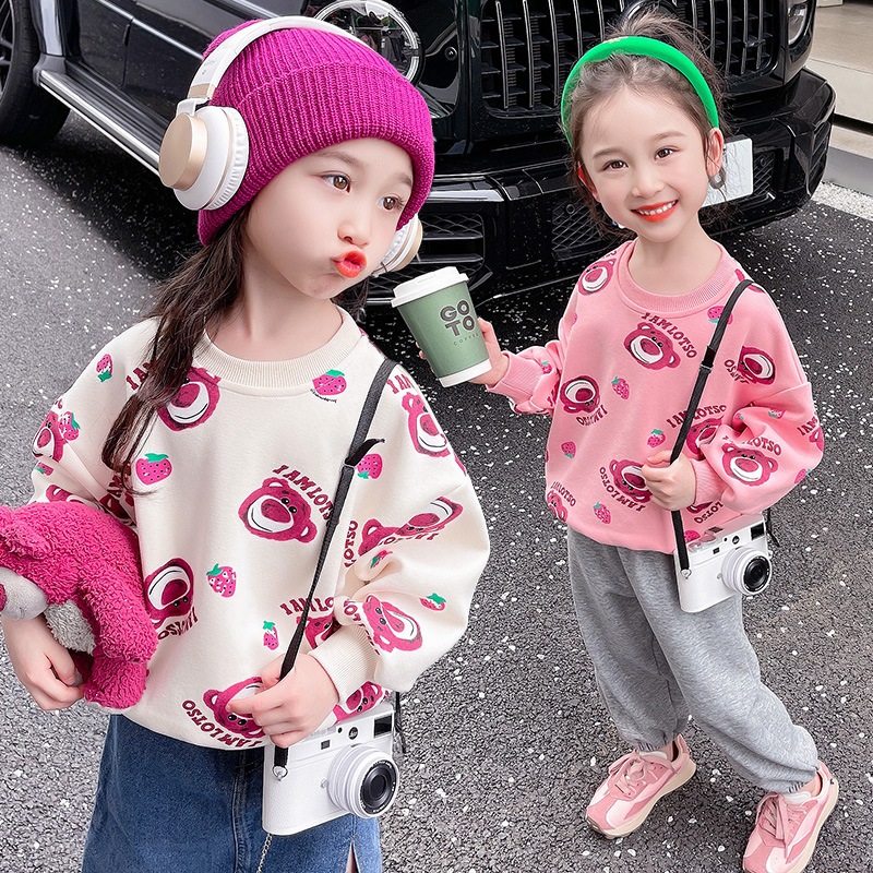 Áo Thun Sweater Chui Đầu Cổ Tròn Tay Dài In Hình Gấu / Dâu Tây Dễ Thương Thời Trang Thu Đông