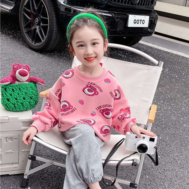 Áo Thun Sweater Chui Đầu Cổ Tròn Tay Dài In Hình Gấu / Dâu Tây Dễ Thương Thời Trang Thu Đông