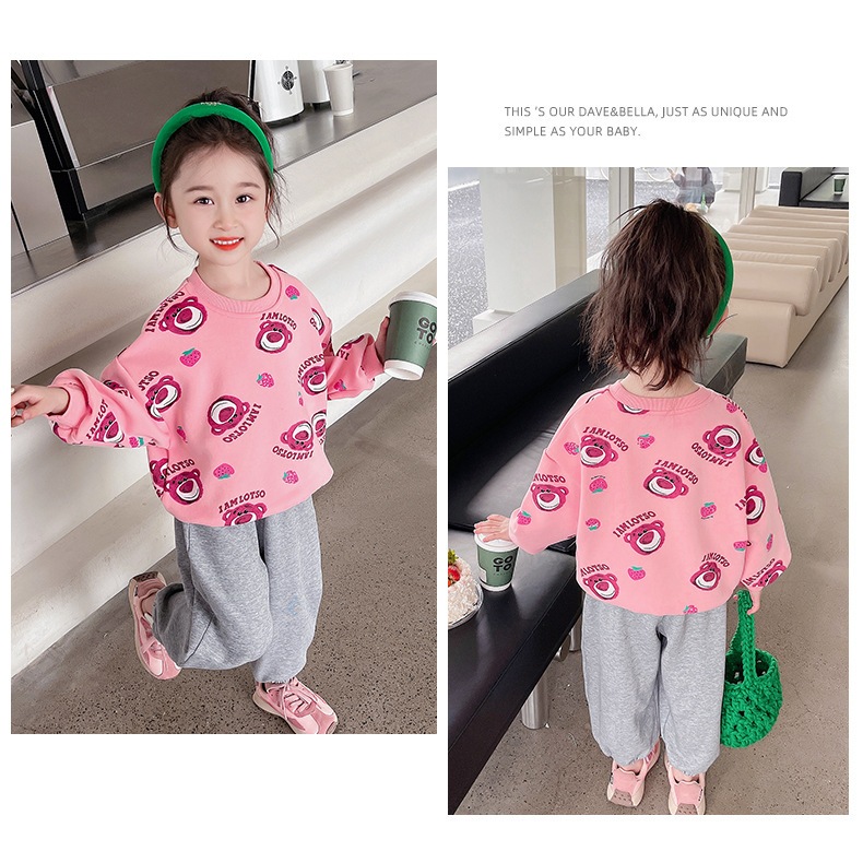 Áo Thun Sweater Chui Đầu Cổ Tròn Tay Dài In Hình Gấu / Dâu Tây Dễ Thương Thời Trang Thu Đông