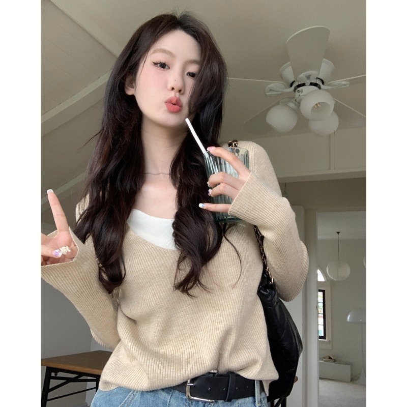 Áo Len Giả Hai Lớp Dáng Ôm Thời Trang Thu Đông Cho Nữ