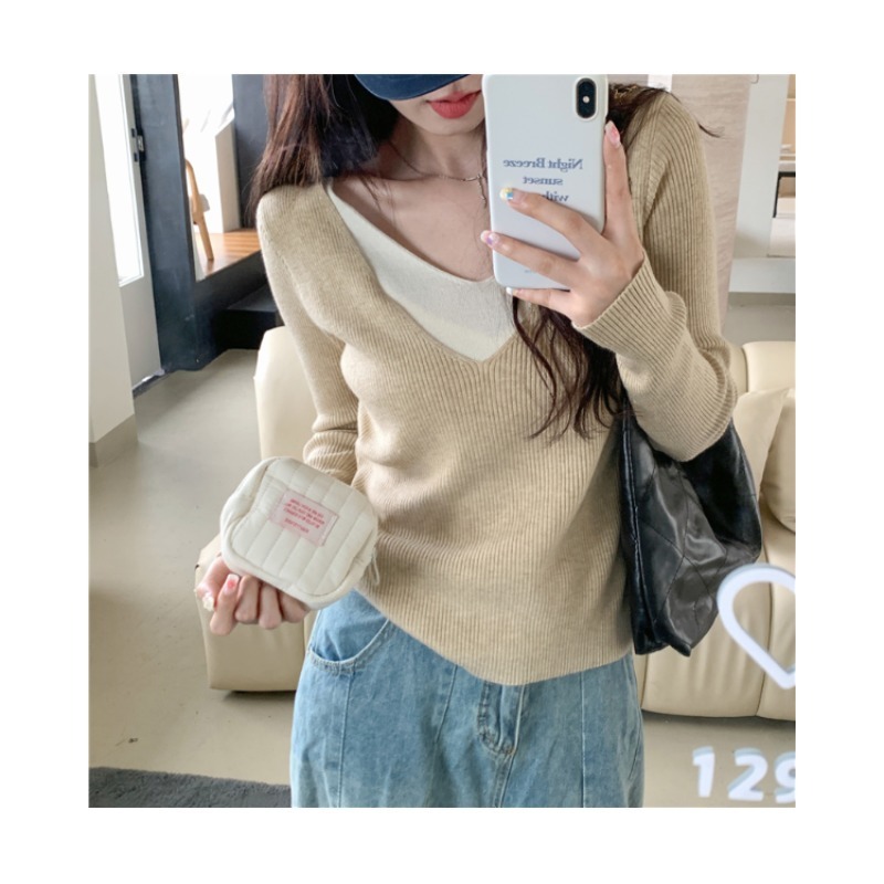 Áo Len Giả Hai Lớp Dáng Ôm Thời Trang Thu Đông Cho Nữ