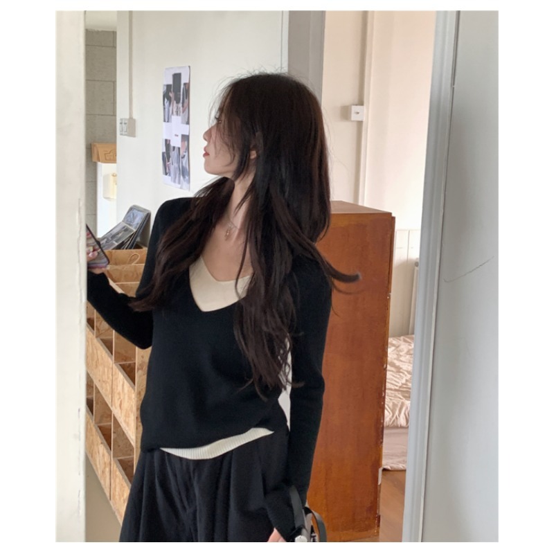 Áo Len Giả Hai Lớp Dáng Ôm Thời Trang Thu Đông Cho Nữ