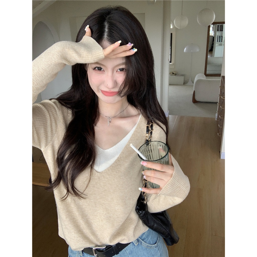 Áo Len Giả Hai Lớp Dáng Ôm Thời Trang Thu Đông Cho Nữ