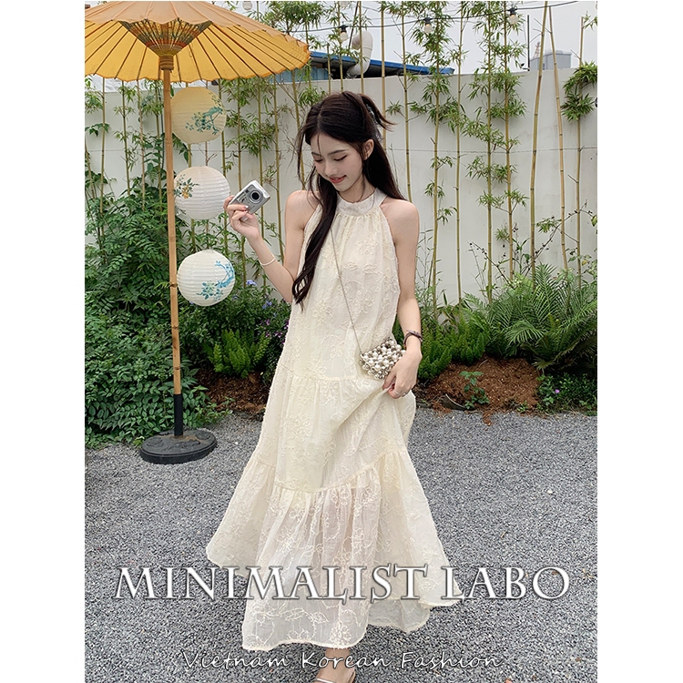 Minimalist Labo Đầm Chiffon Dài Dáng Chữ A Cổ Yếm Thêu Họa Tiết Phong Cách Pháp Thời Trang Mùa Hè Xinh Xắn Cho Nữ