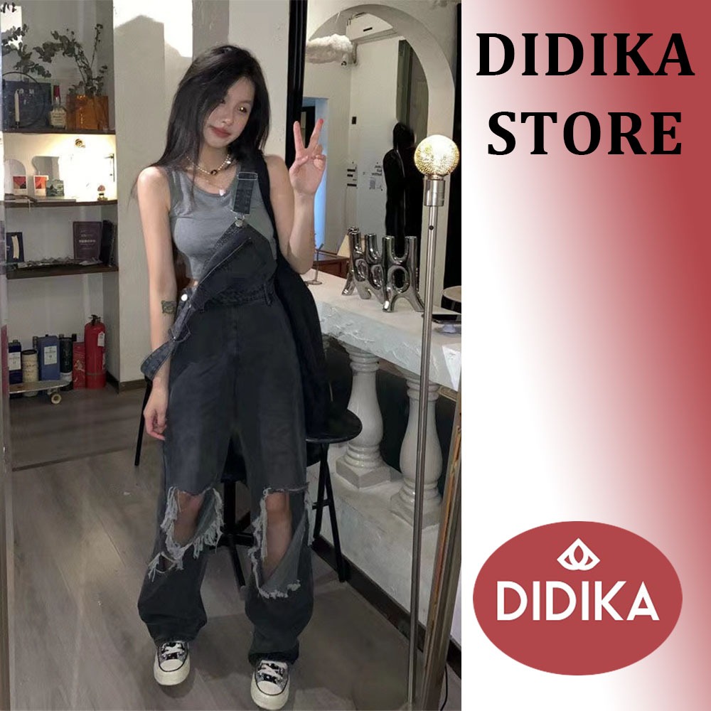 DIDIKA Quần Yếm Denim Lưng Cao Dáng Ôm Thiết Kế Rách Phong Cách Đường Phố Thời Trang Mùa Hè Mới Dành Cho Bạn Gái