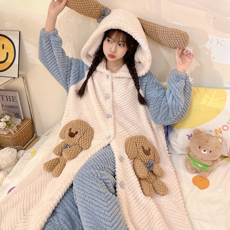 Áo Choàng Ngủ Chất Nhung Dày Dặn Ấm Áp Thời Trang Thu Đông Dễ Thương Cho Nữ