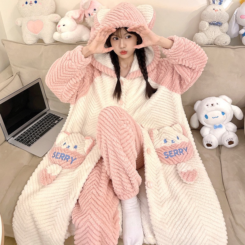 Áo Choàng Ngủ Chất Nhung Dày Dặn Ấm Áp Thời Trang Thu Đông Dễ Thương Cho Nữ