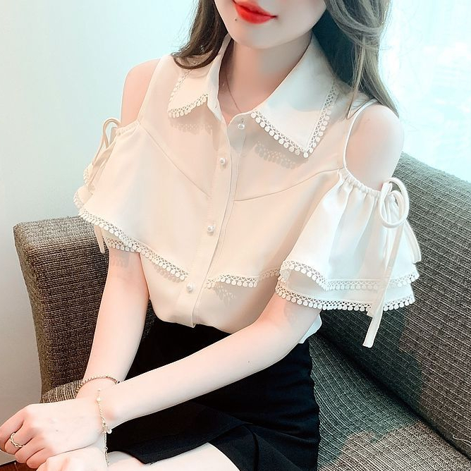 Thời Trang Áo chiffon Tay Ngắn Trễ Vai Nhún Bèo Size s-2xl