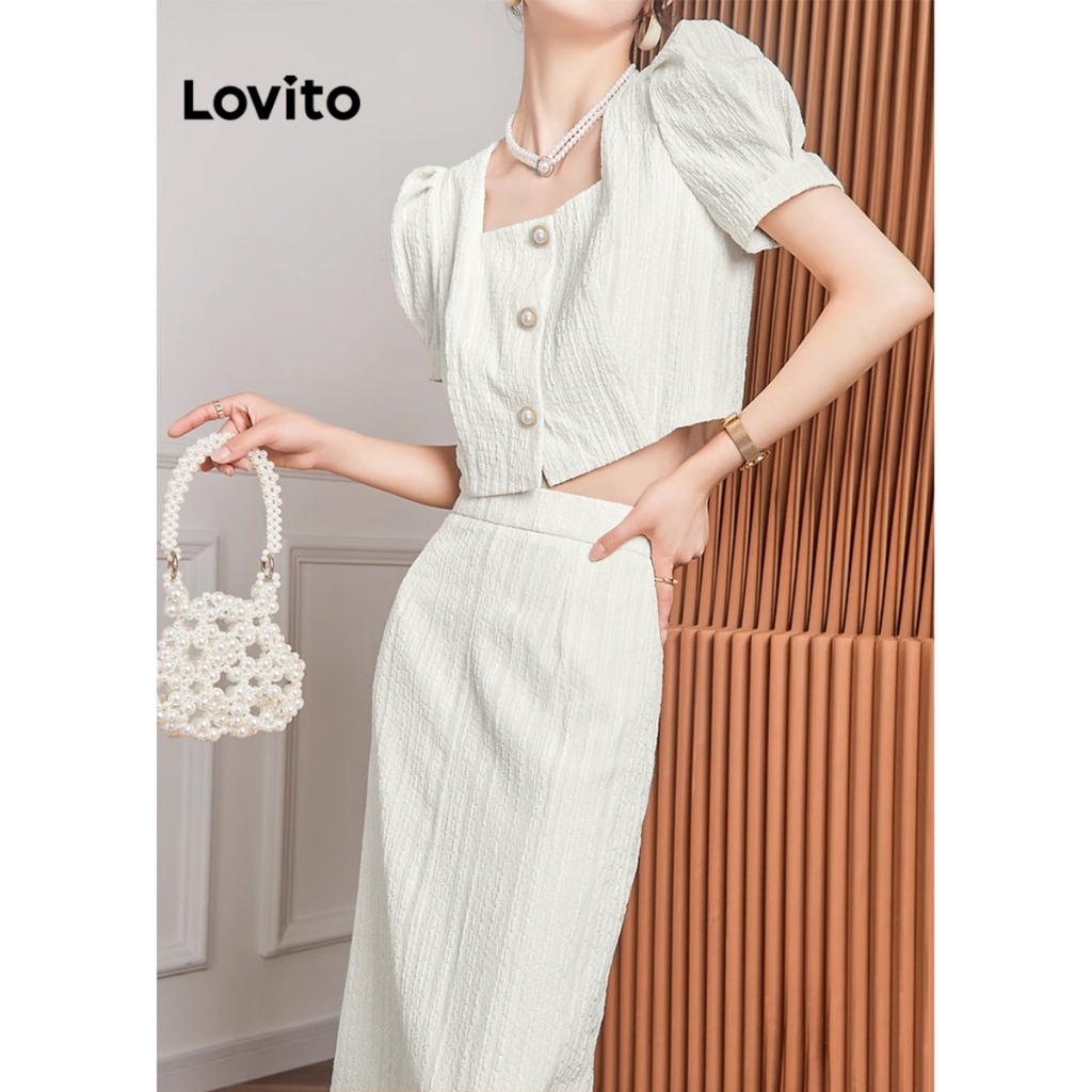 Lovito Bộ váy ngọc trai trơn thông thường dành cho nữ L65ED106 (Áo/Váy/Bộ)