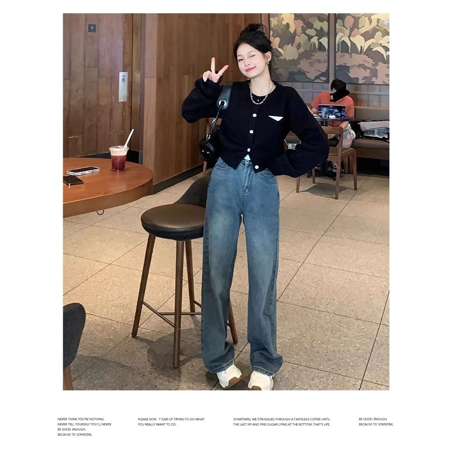 Fine studio Áo Khoác cardigan Dệt Kim Tay Dài Dáng Ngắn Màu Đen Thời Trang Mùa Thu Cho Nữ