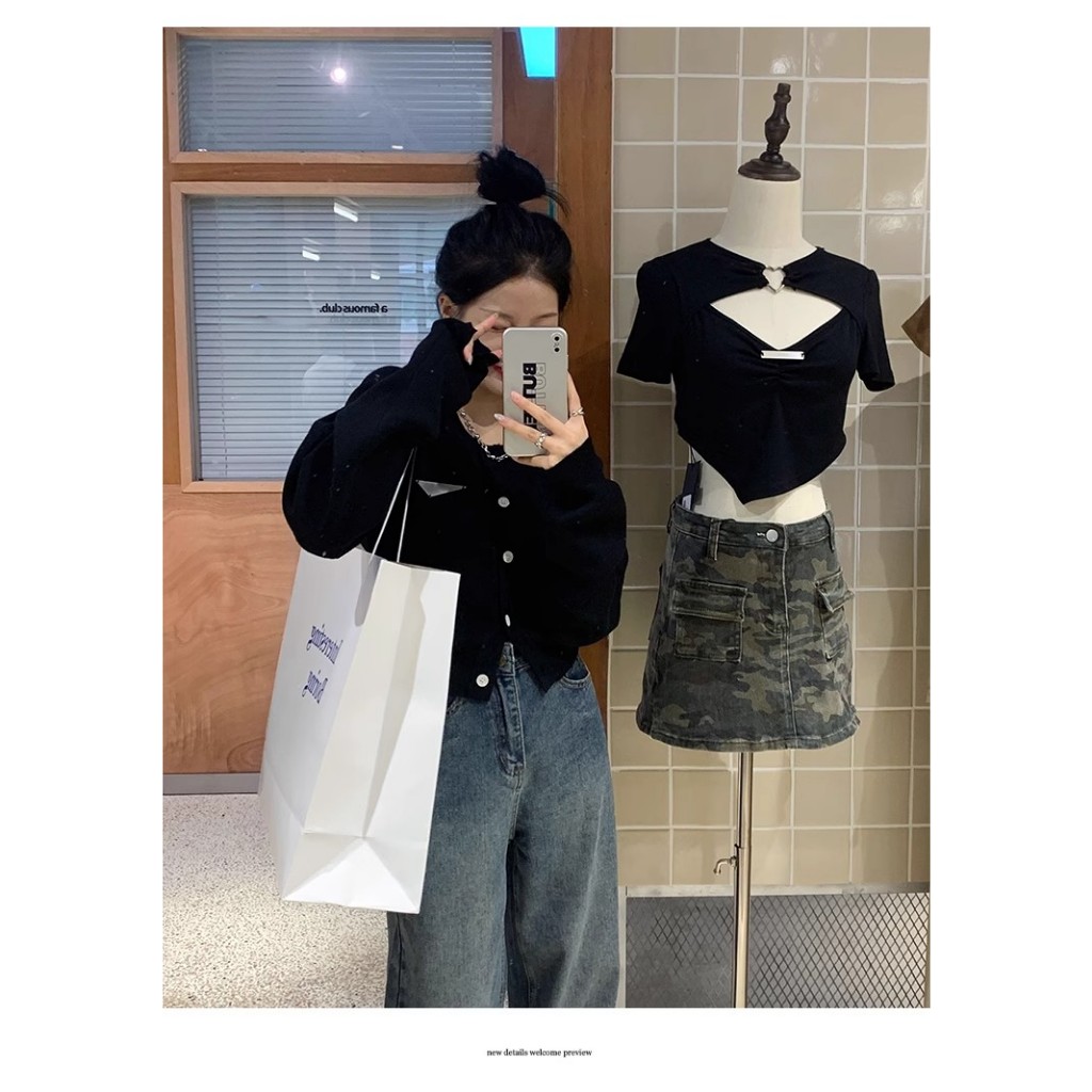 Fine studio Áo Khoác cardigan Dệt Kim Tay Dài Dáng Ngắn Màu Đen Thời Trang Mùa Thu Cho Nữ