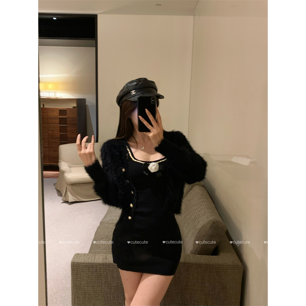 Set Đầm Ôm Dáng + Áo Khoác Len Lông Chồn Phối Khóa Kim Loại Thời Trang