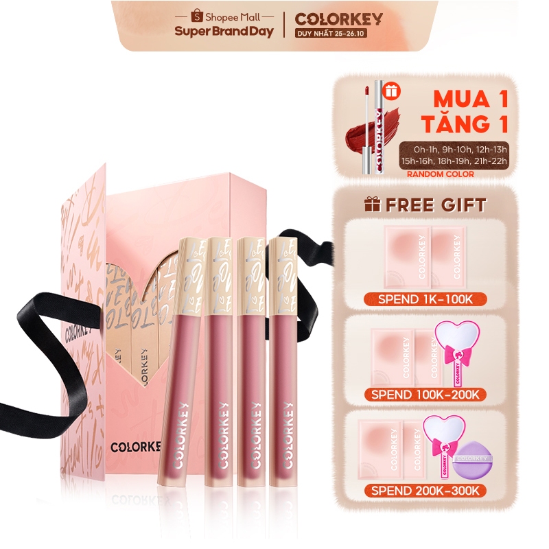【COLORKEY】Bộ Quà Tặng Son Môi Nhật Ký Tình Yêu Watery Matte Lipgloss Chống Nước Lâu Trôi Bộ 1.8G * 4