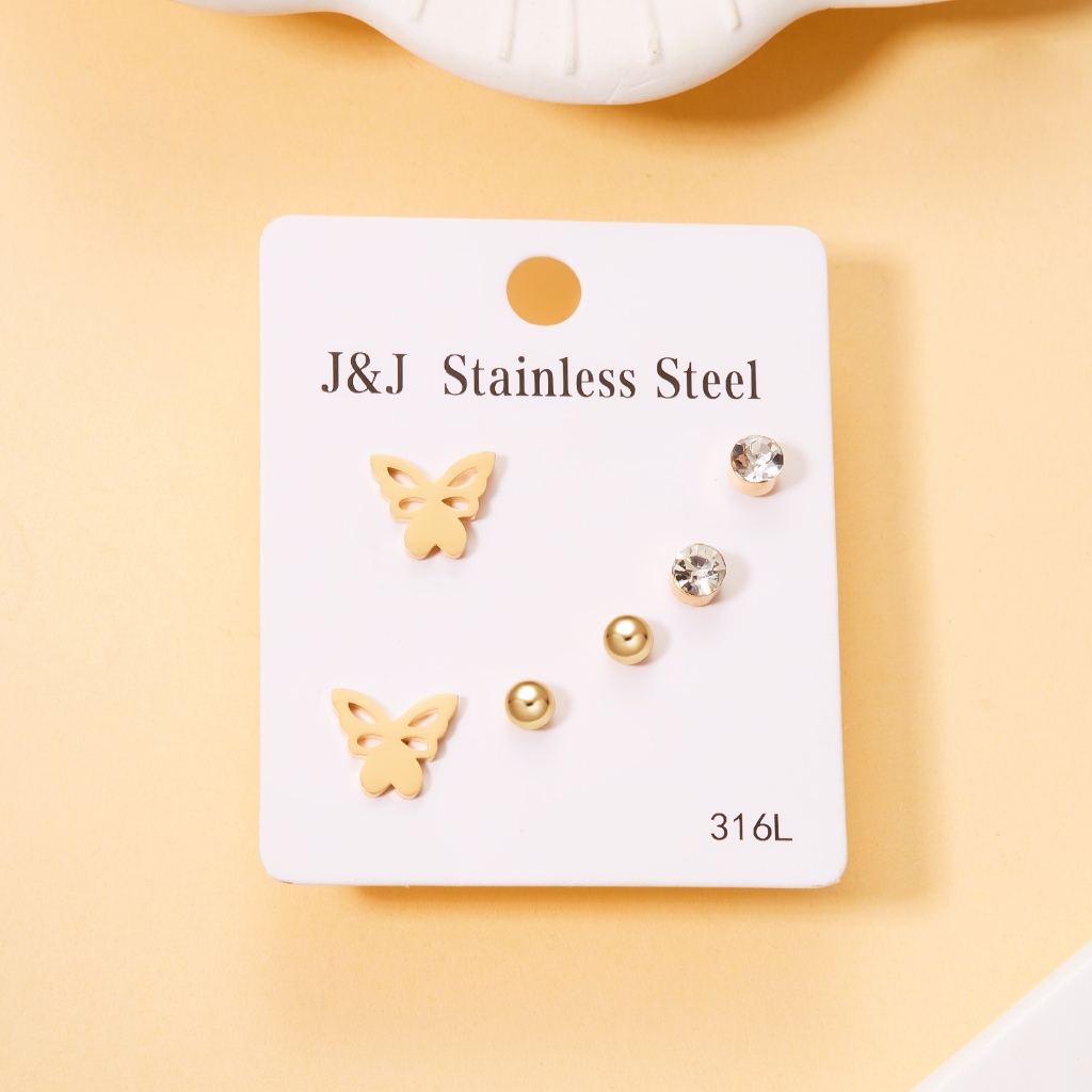 Set 3 Đôi Khuyên Tai Bằng Thép Không Gỉ Đính Đá Thời Trang Cho Nữ
