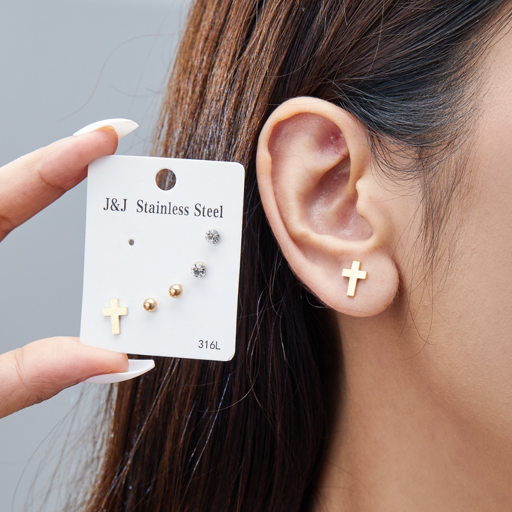 Set 3 Đôi Khuyên Tai Bằng Thép Không Gỉ Đính Đá Thời Trang Cho Nữ