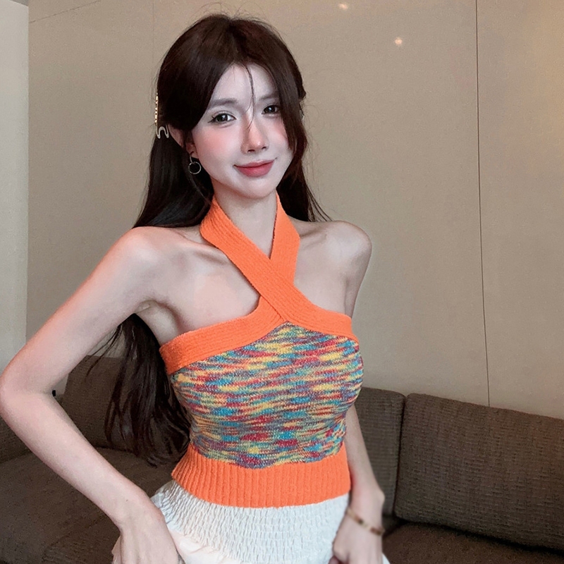 Áo Tank Top Dệt Kim Màu Sắc Tương Phản Phong Cách Hàn Quốc Thời Trang Cho Nữ