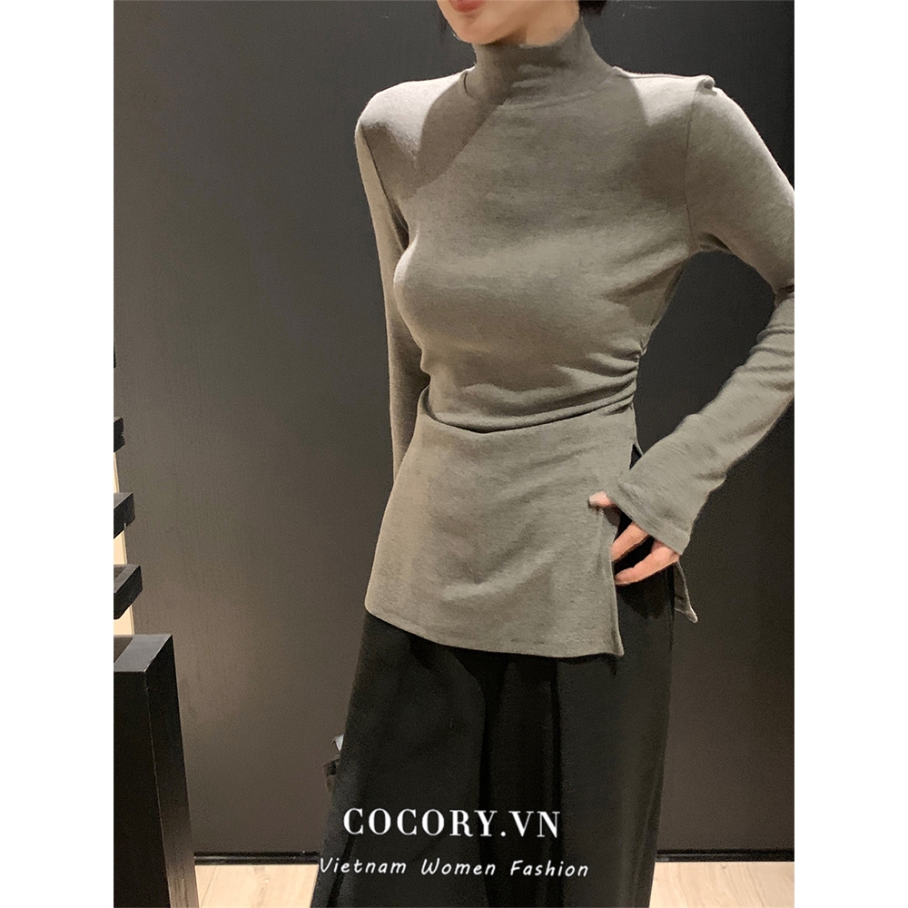 Cocory vn Áo Thun Cổ Cao Tay Dài Màu Trơn Xẻ Tà Thời Trang Hàn Quốc y2k