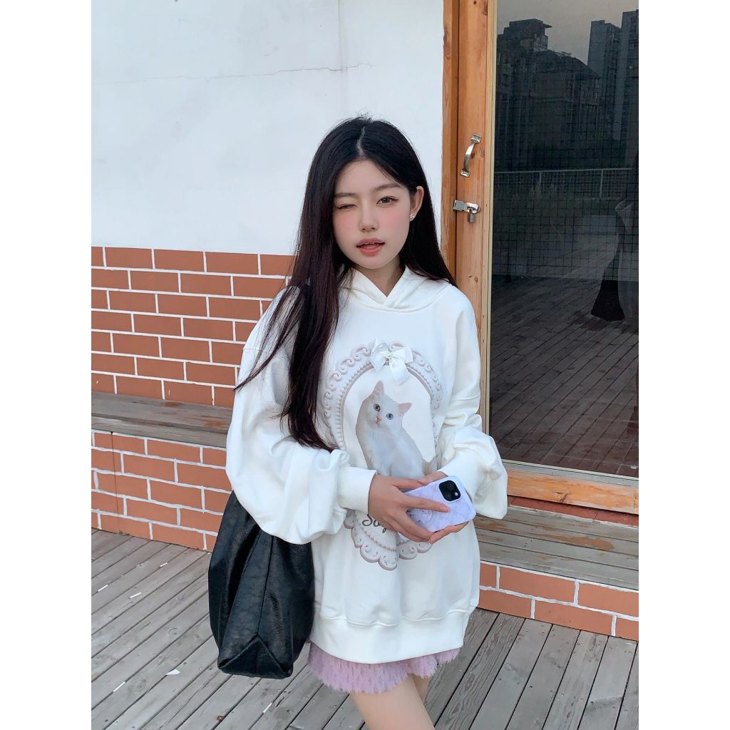 Áo hoodie Dáng Rộng In Hình Mèo Thắt Nơ Phong Cách vintage Thời Trang Thu Đông Mới