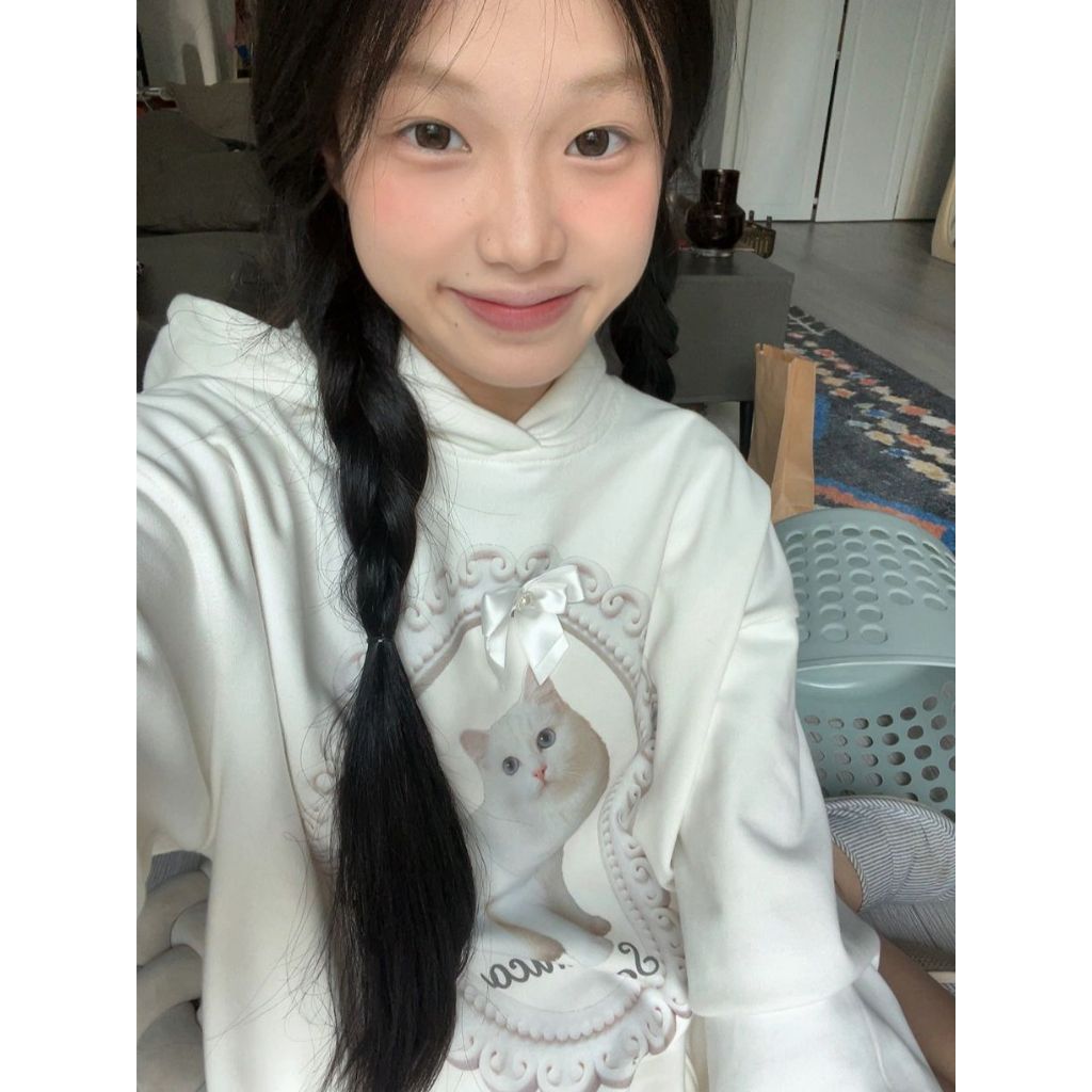 Áo hoodie Dáng Rộng In Hình Mèo Thắt Nơ Phong Cách vintage Thời Trang Thu Đông Mới