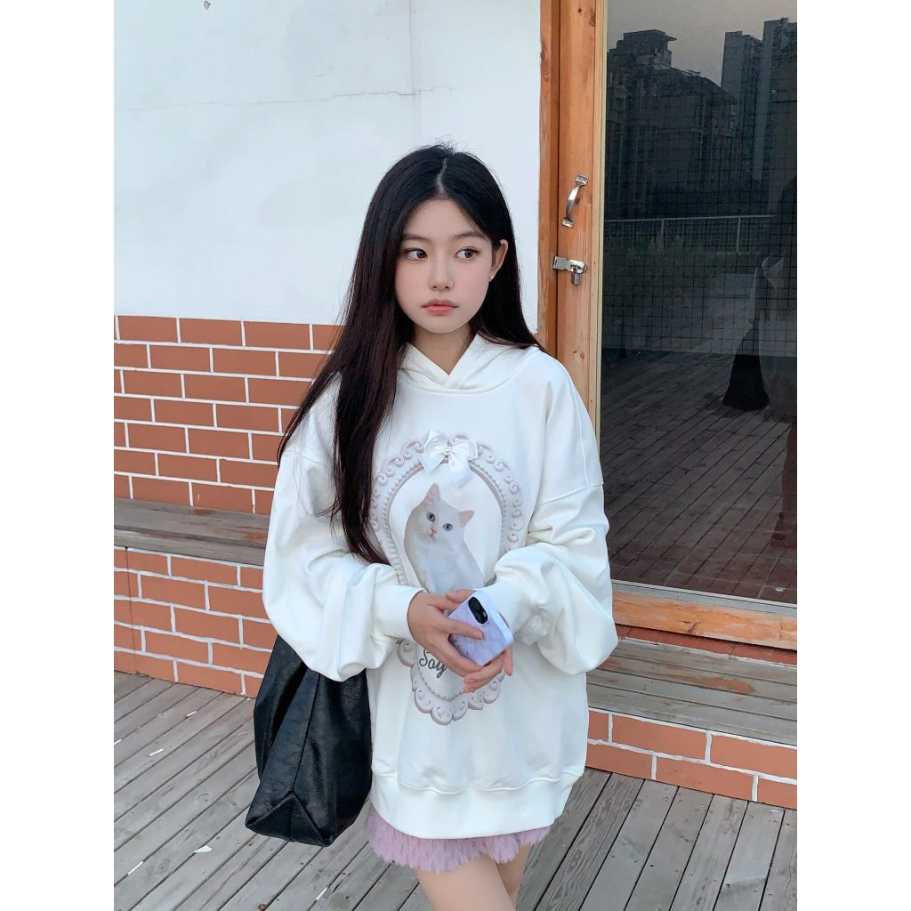 Áo hoodie Dáng Rộng In Hình Mèo Thắt Nơ Phong Cách vintage Thời Trang Thu Đông Mới