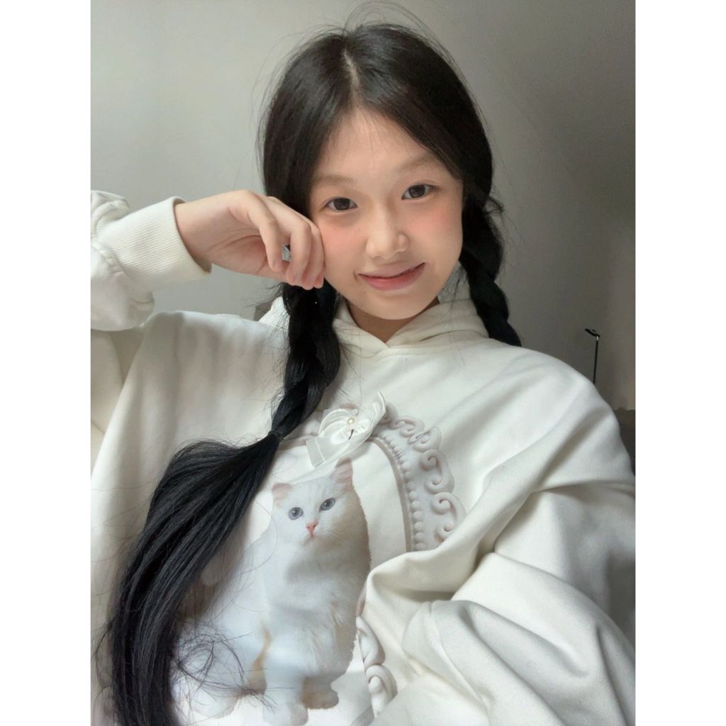Áo hoodie Dáng Rộng In Hình Mèo Thắt Nơ Phong Cách vintage Thời Trang Thu Đông Mới