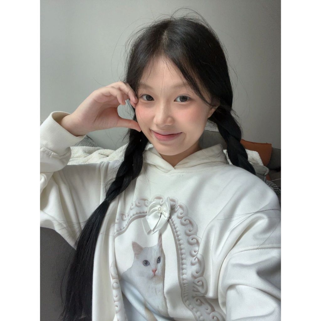 Áo hoodie Dáng Rộng In Hình Mèo Thắt Nơ Phong Cách vintage Thời Trang Thu Đông Mới