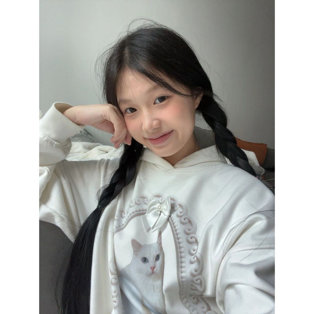 Áo hoodie Dáng Rộng In Hình Mèo Thắt Nơ Phong Cách vintage Thời Trang Thu Đông Mới