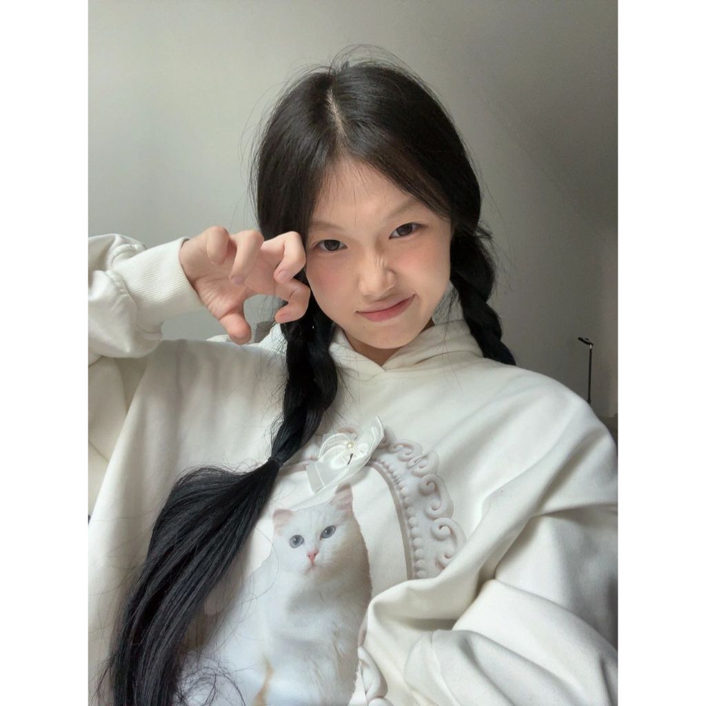 Áo hoodie Dáng Rộng In Hình Mèo Thắt Nơ Phong Cách vintage Thời Trang Thu Đông Mới