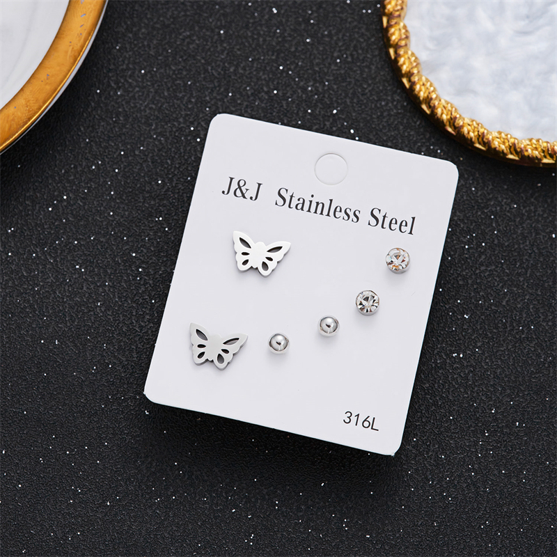 Bộ 3 đôi bông tai bạc 925 hình trái tim / lông vũ / bướm đính đá zircon cho nữ