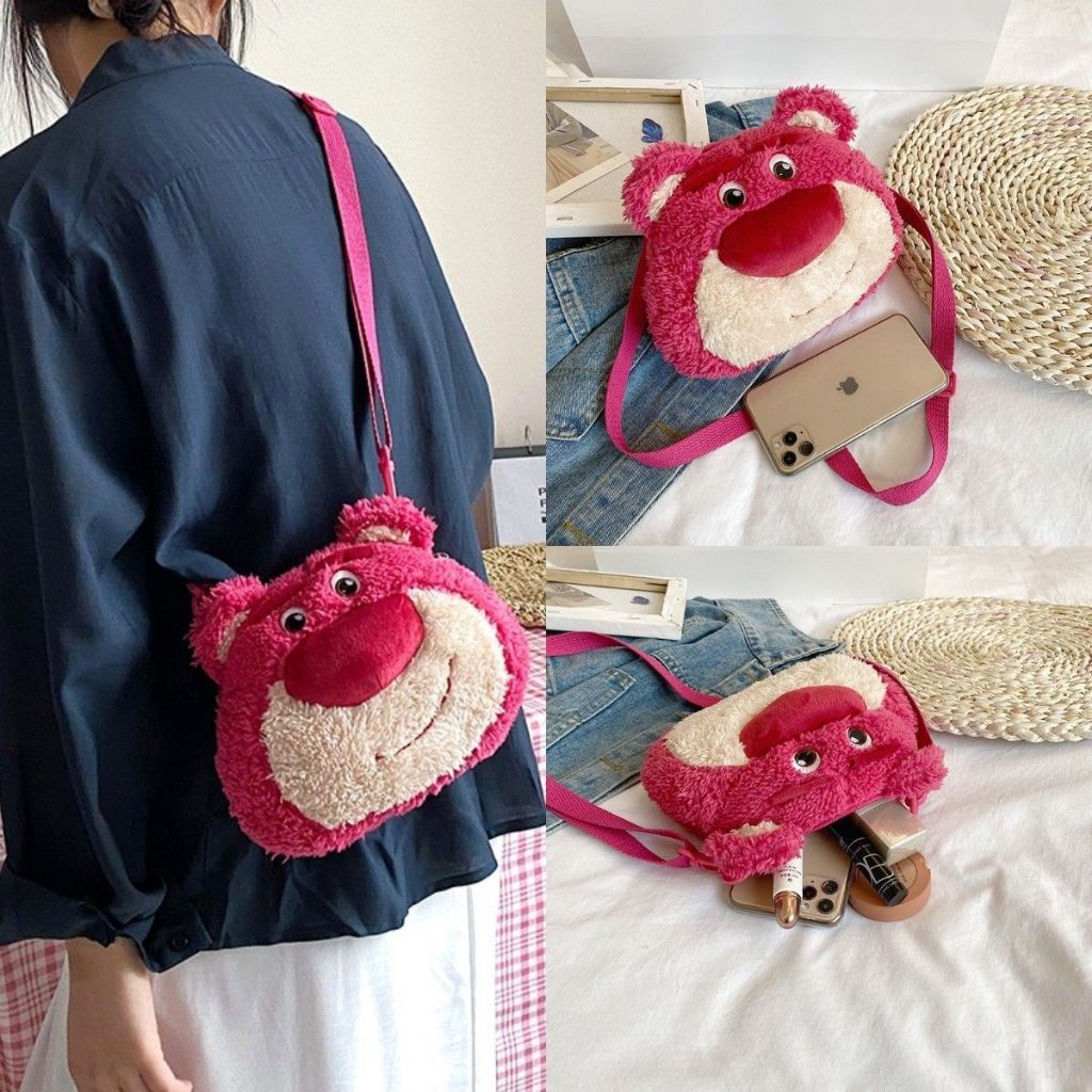 HT XIANSHENG Túi Đeo Chéo Hình Chú Gấu Dâu Tây Disney Nhồi Bông Đáng Yêu