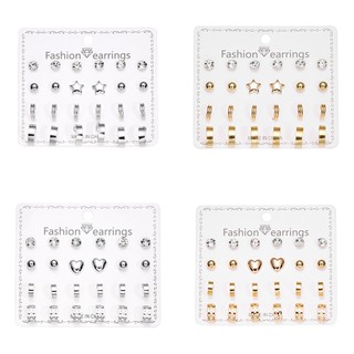 Bộ 12 Cặp Bông Tai Hình Ngôi Sao / Trái Tim / Nhẫn / Vòng Tròn Đính Kim Cương Thời Trang Cho Nữ Bán Sỉ