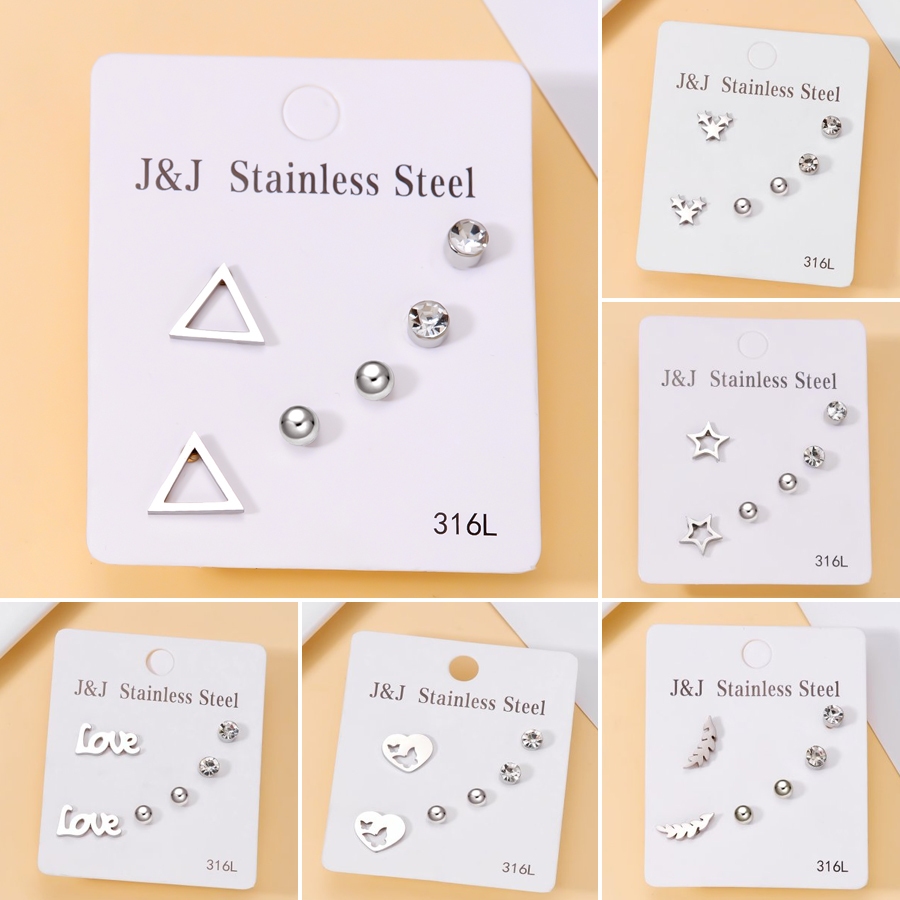 Bộ 3 đôi bông tai bạc 925 hình trái tim / lông vũ / bướm đính đá zircon cho nữ