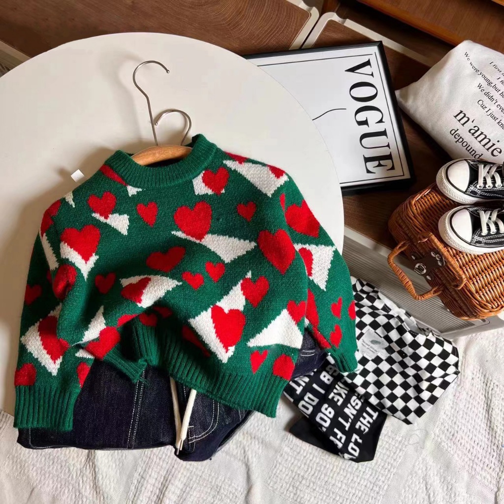 Áo sweater Dệt Kim Tay Dài Cổ Tròn Dáng Rộng In Hình Trái Tim Thời Trang Thu Đông Mới Cho Nữ