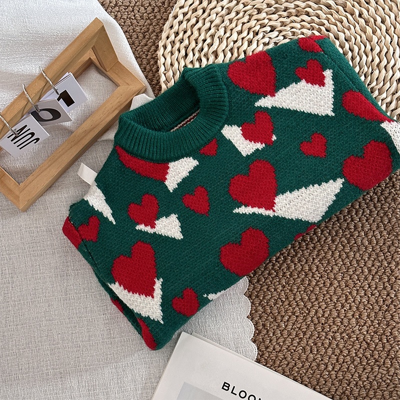 Áo sweater Dệt Kim Tay Dài Cổ Tròn Dáng Rộng In Hình Trái Tim Thời Trang Thu Đông Mới Cho Nữ