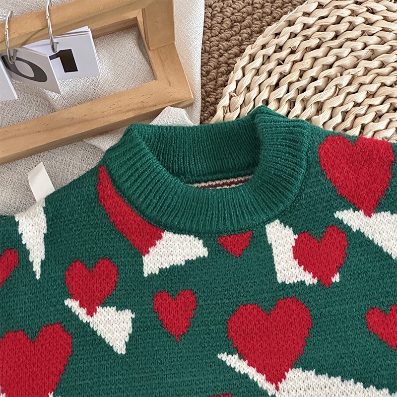 Áo sweater Dệt Kim Tay Dài Cổ Tròn Dáng Rộng In Hình Trái Tim Thời Trang Thu Đông Mới Cho Nữ