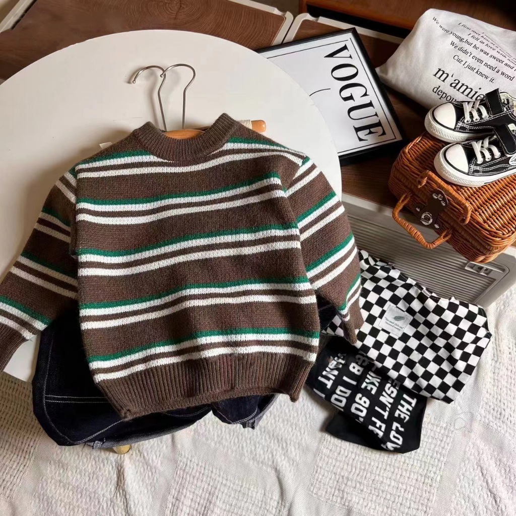 Áo sweater Cổ Tròn Tay Dài Dáng Rộng Họa Tiết Kẻ Sọc Màu Sắc Tương Phản Giữ Ấm Thoải Mái Thời Trang Thu Đông Cho Bé