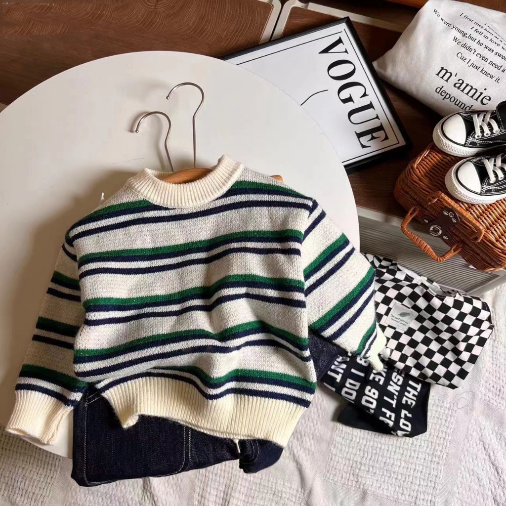 Áo sweater Cổ Tròn Tay Dài Dáng Rộng Họa Tiết Kẻ Sọc Màu Sắc Tương Phản Giữ Ấm Thoải Mái Thời Trang Thu Đông Cho Bé