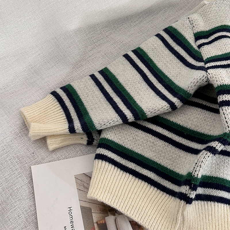 Áo sweater Cổ Tròn Tay Dài Dáng Rộng Họa Tiết Kẻ Sọc Màu Sắc Tương Phản Giữ Ấm Thoải Mái Thời Trang Thu Đông Cho Bé