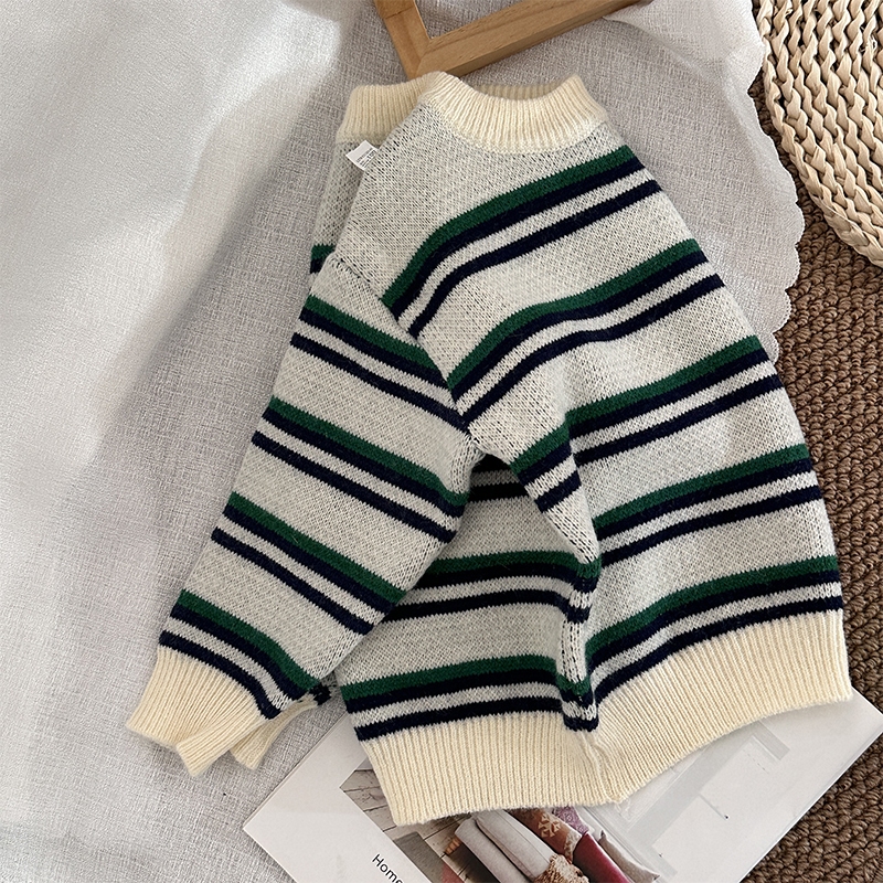 Áo sweater Cổ Tròn Tay Dài Dáng Rộng Họa Tiết Kẻ Sọc Màu Sắc Tương Phản Giữ Ấm Thoải Mái Thời Trang Thu Đông Cho Bé