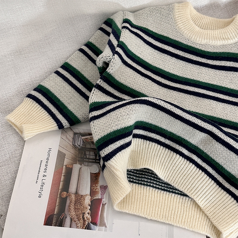 Áo sweater Cổ Tròn Tay Dài Dáng Rộng Họa Tiết Kẻ Sọc Màu Sắc Tương Phản Giữ Ấm Thoải Mái Thời Trang Thu Đông Cho Bé