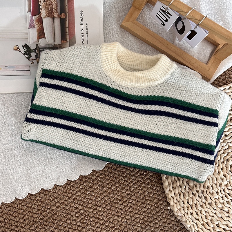 Áo sweater Cổ Tròn Tay Dài Dáng Rộng Họa Tiết Kẻ Sọc Màu Sắc Tương Phản Giữ Ấm Thoải Mái Thời Trang Thu Đông Cho Bé